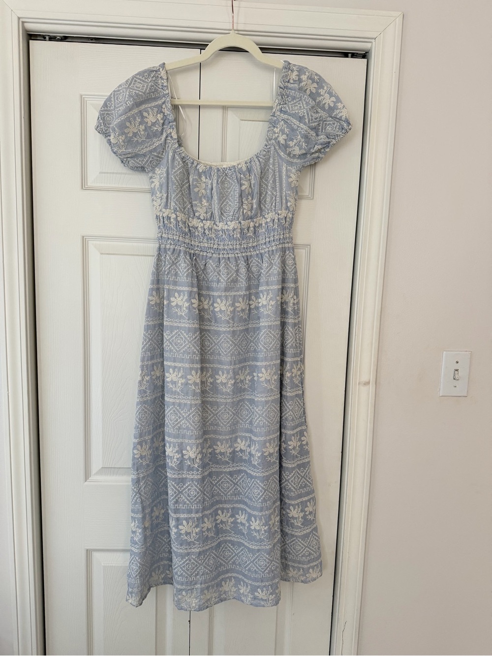 NWT Altar'd State Pale Blue Embroidered Puff-Sleeve Midi Dress